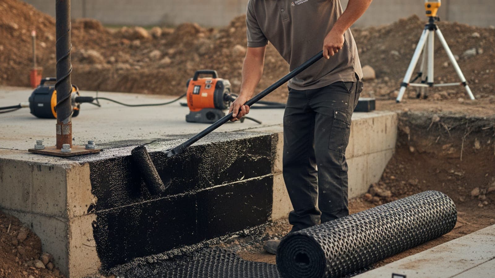 Waterproofing membrane being applied to a foundation stem wall before backfill on a San Diego hillside lot