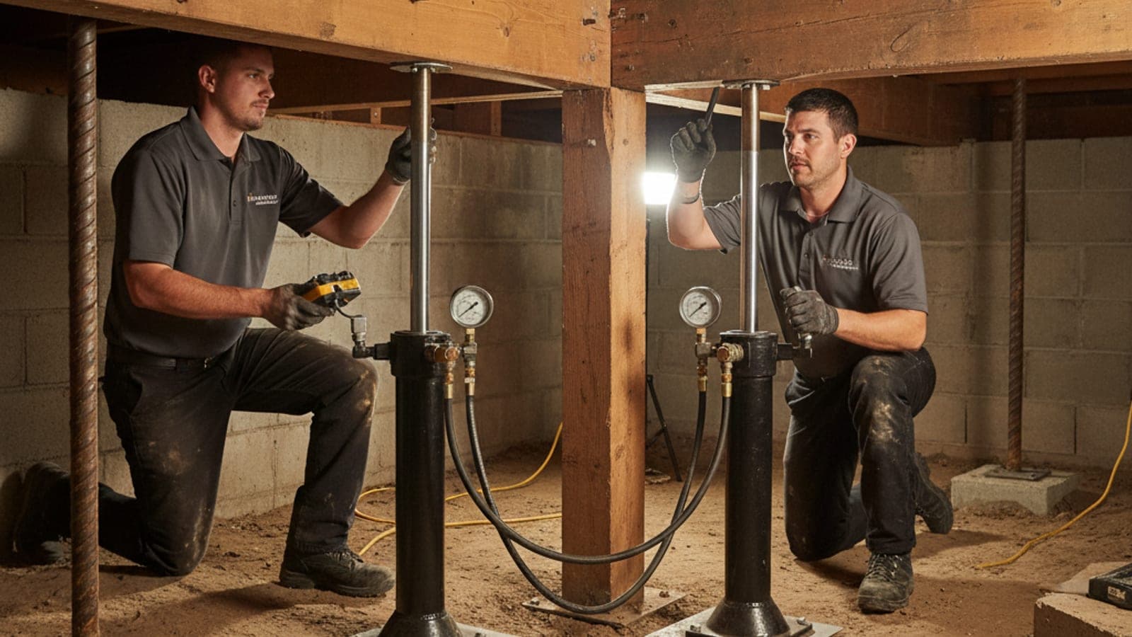 Crew running synchronized hydraulic jacks to lift the settled corner of a raised San Diego home